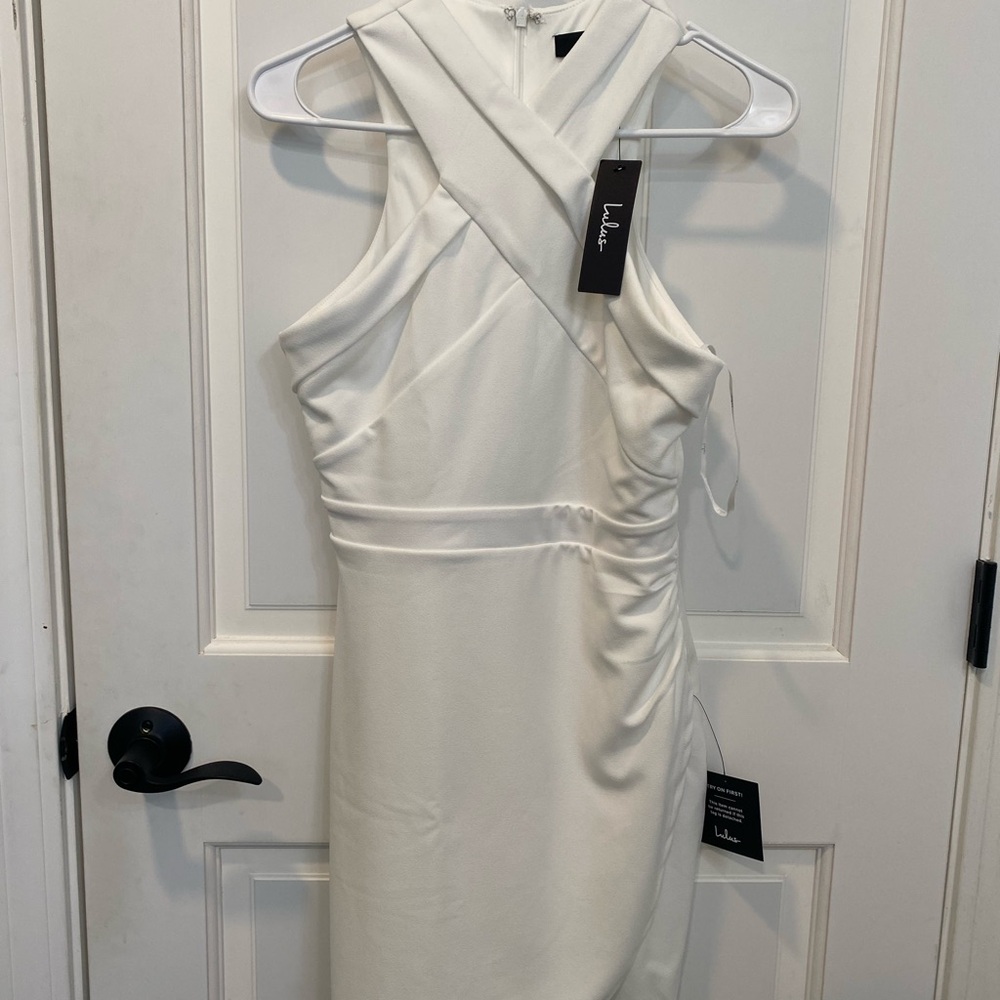 Cocktail Hour White Halter Tulip Mini Dress